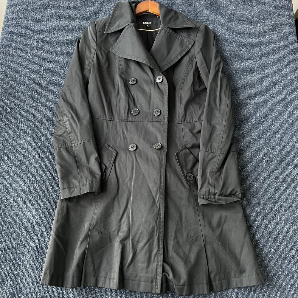 DKNY Trench Coat Womens Small Charcoal Gray Double Breasted Belted Pockets